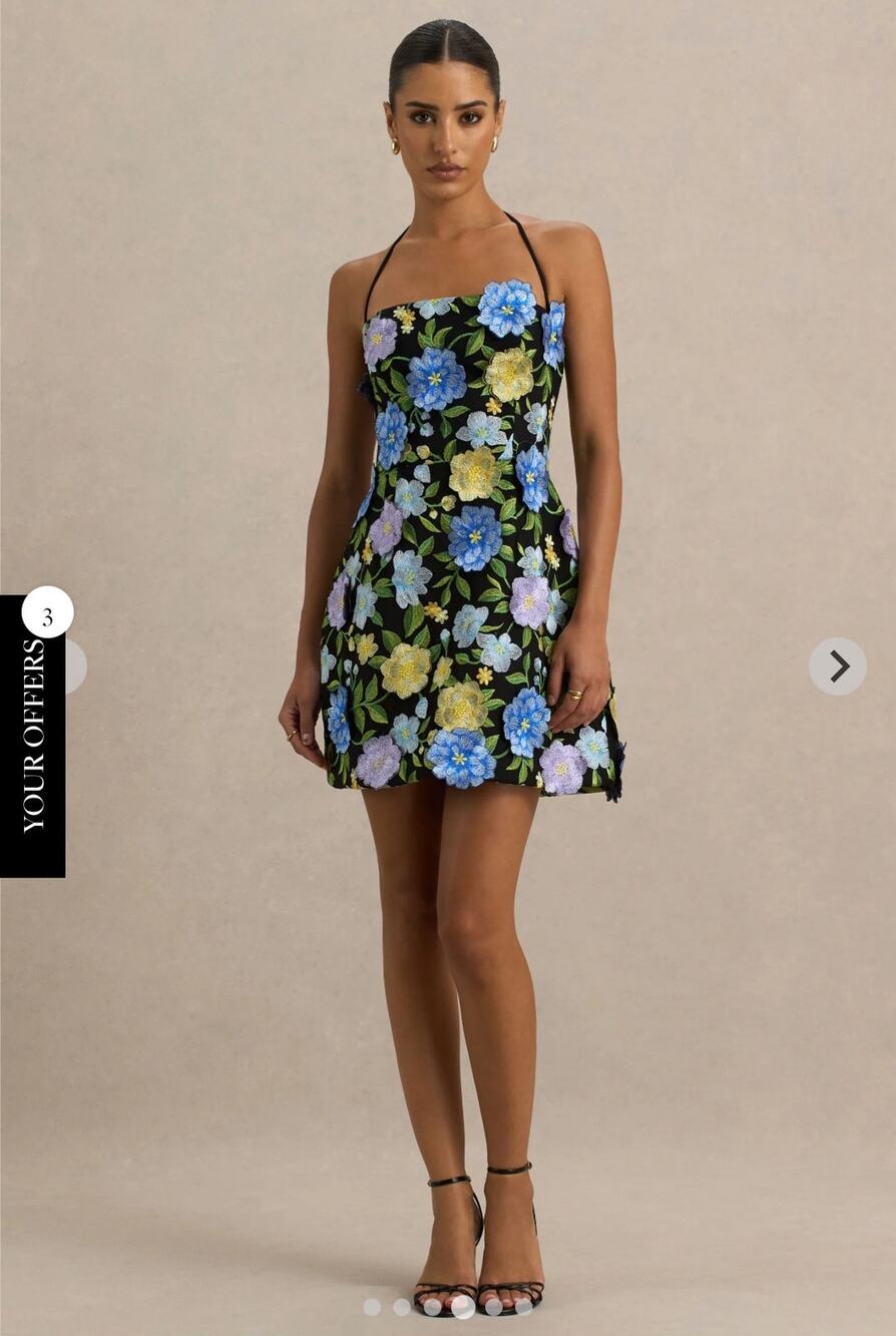 Club L London Aisha Black Floral Embellished Square Neck Mini Dress NWT Size 8